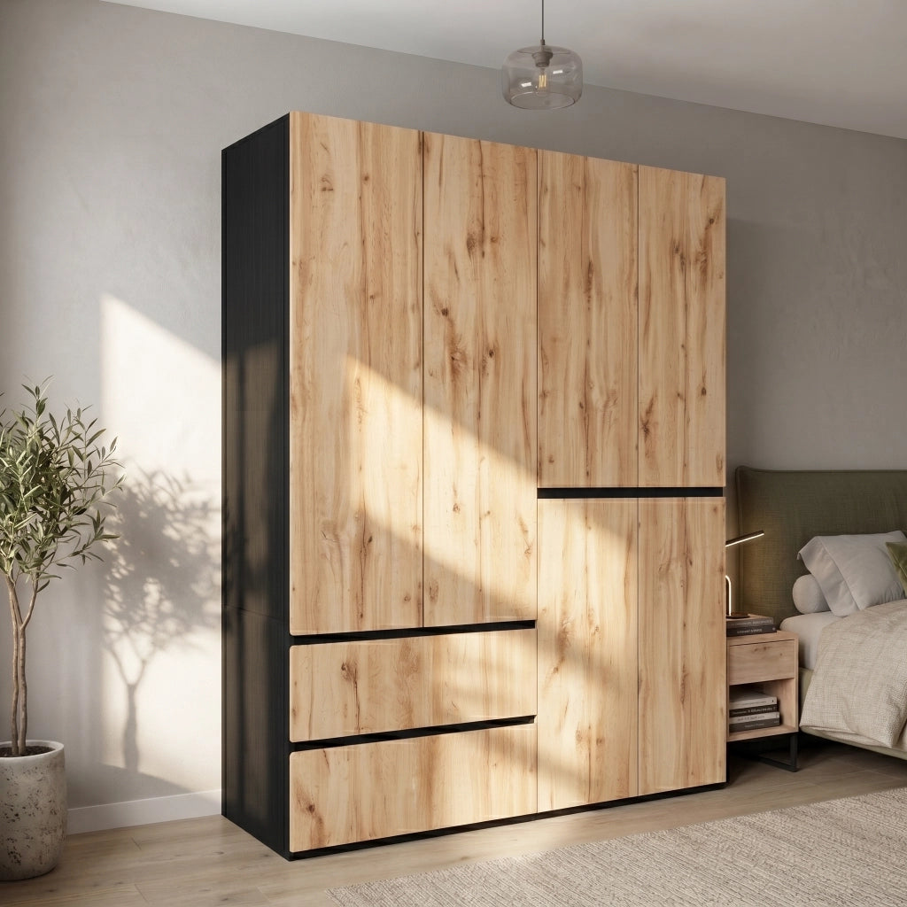 Armadio 6 ante con 5 cassetti e 2 barre appendiabiti mobile contenitore per camera da letto in MDF e pannello truciolare rovere