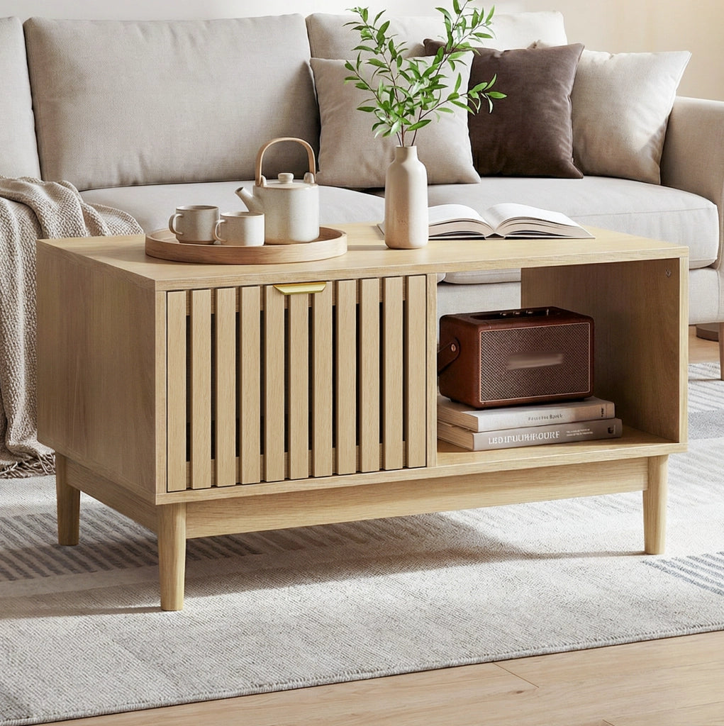 Tavolino da salotto rettangolare 80 cm in stile mid-century; colore rovere; con vani aperti