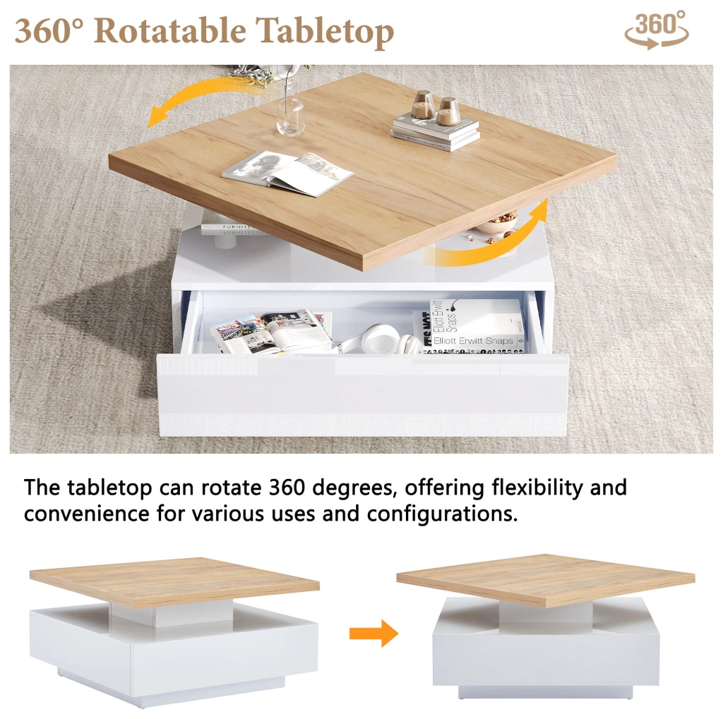 Tavolino multifunzione quadrato con rotazione 360°, struttura in truciolato noce e bianco lucido, 70x70x36 cm