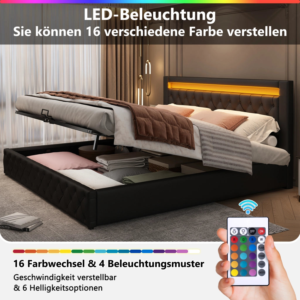 Letto matrimoniale imbottito 180 × 200 cm con contenitore rete a doghe LED regolabile in PU nero