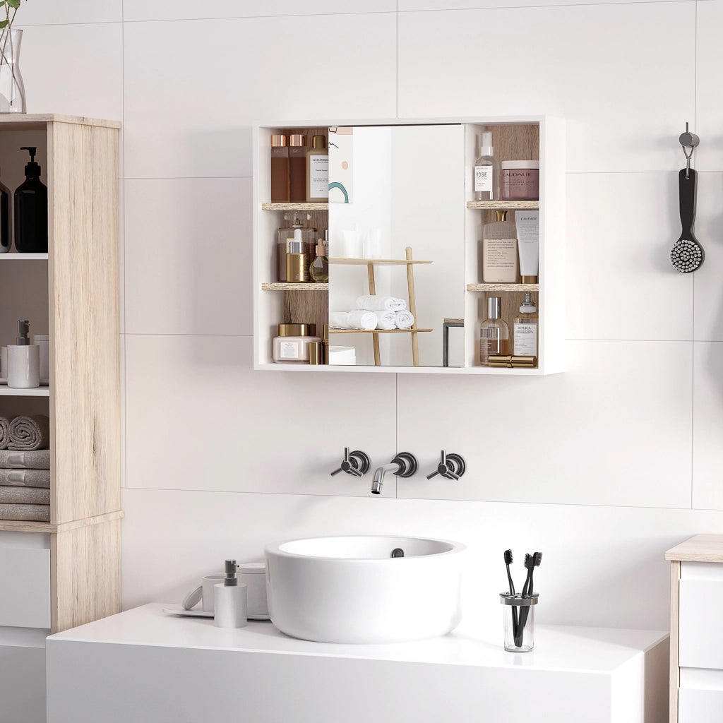 Armadietto con Specchio in MDF e Truciolato con 3 Ripiani Laterali e Ripiano Regolabile Interno, 60x14.5x49.4 cm