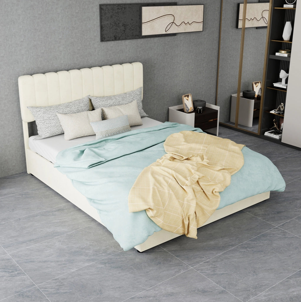Letto imbottito minimalista beige 140x200 cm con testata morbida e contenitore