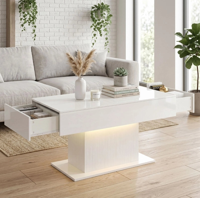 Tavolino da salotto con LED RGB e 2 cassetti bianco lucido HOMVRA