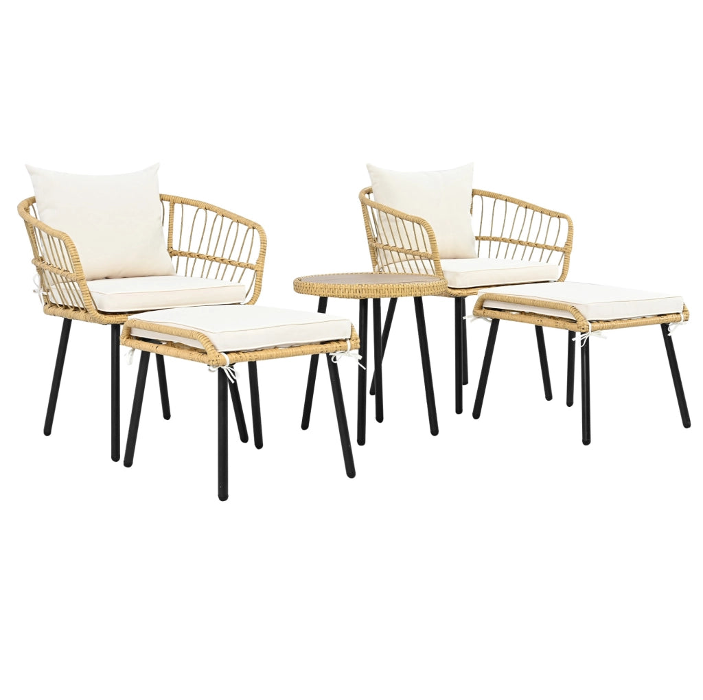Set lounge da giardino 5 pezzi bianco e naturale in rattan con cuscini