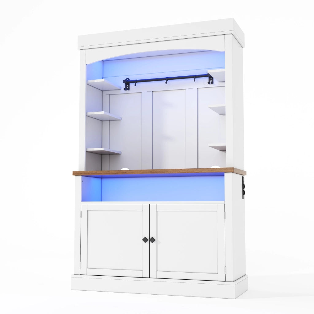 Credenza da cucina alta con ripiani aperti, ganci, LED e prese laterali per cucina, MDF bianco, 106 × 43 × 183 cm