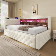 Divano letto estraibile 90 × 190 cm con bracciolo contenitore; LED; USB e Type-C; velluto beige; rete a doghe