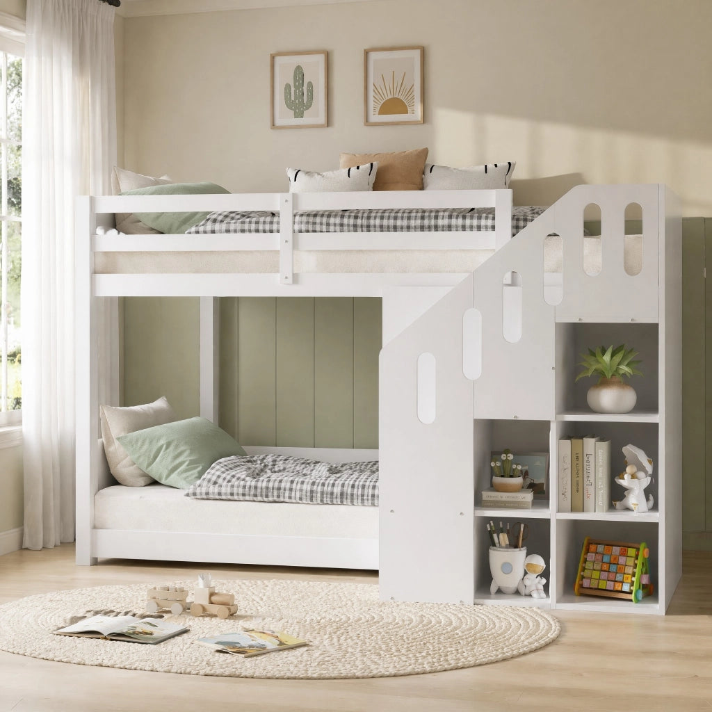 Letto a castello in legno bianco 90 x 200 cm con scala contenitore