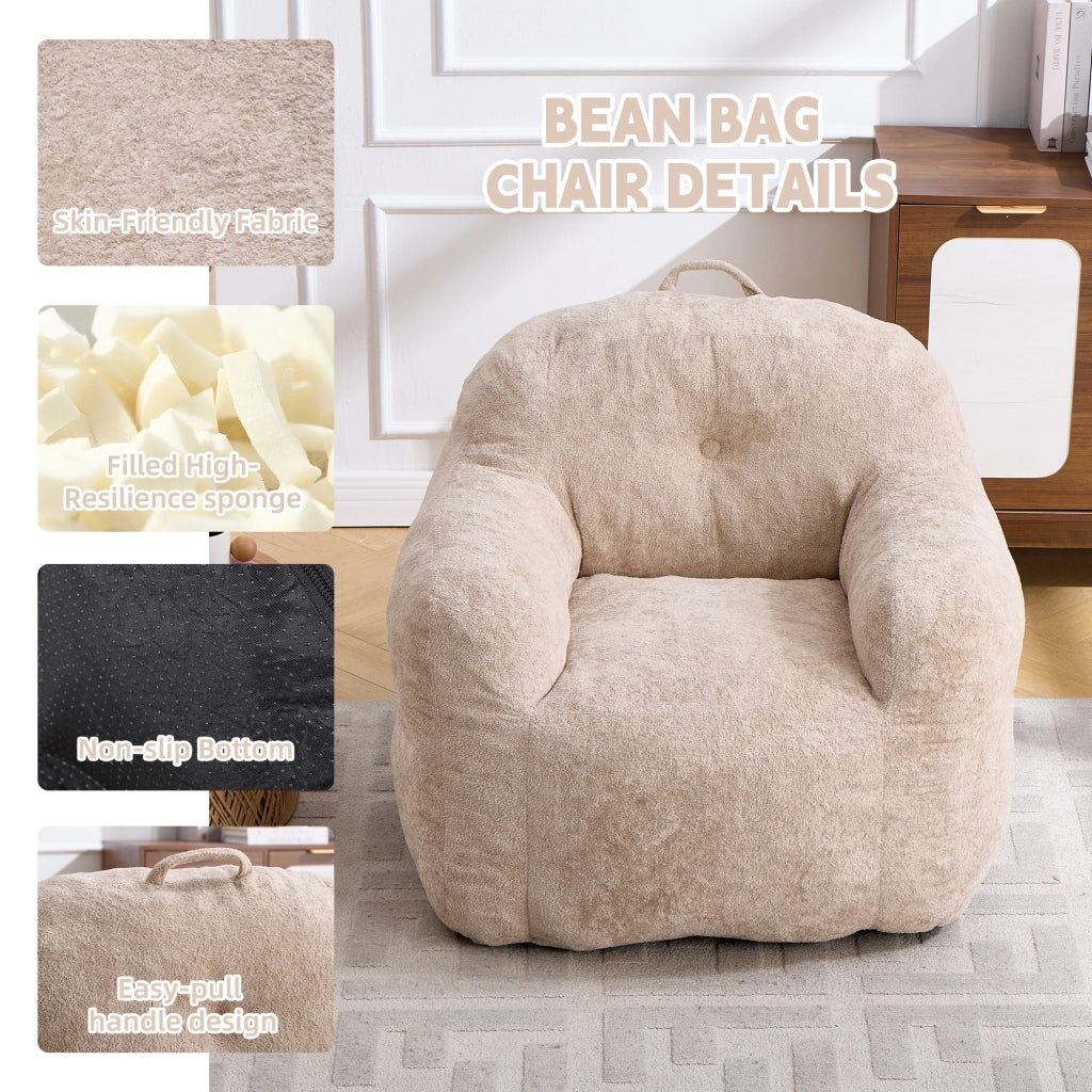 Poltrona pouf ergonomica con braccioli e schiuma sminuzzata, in pelliccia sintetica beige, 49 × 45 × 33 cm