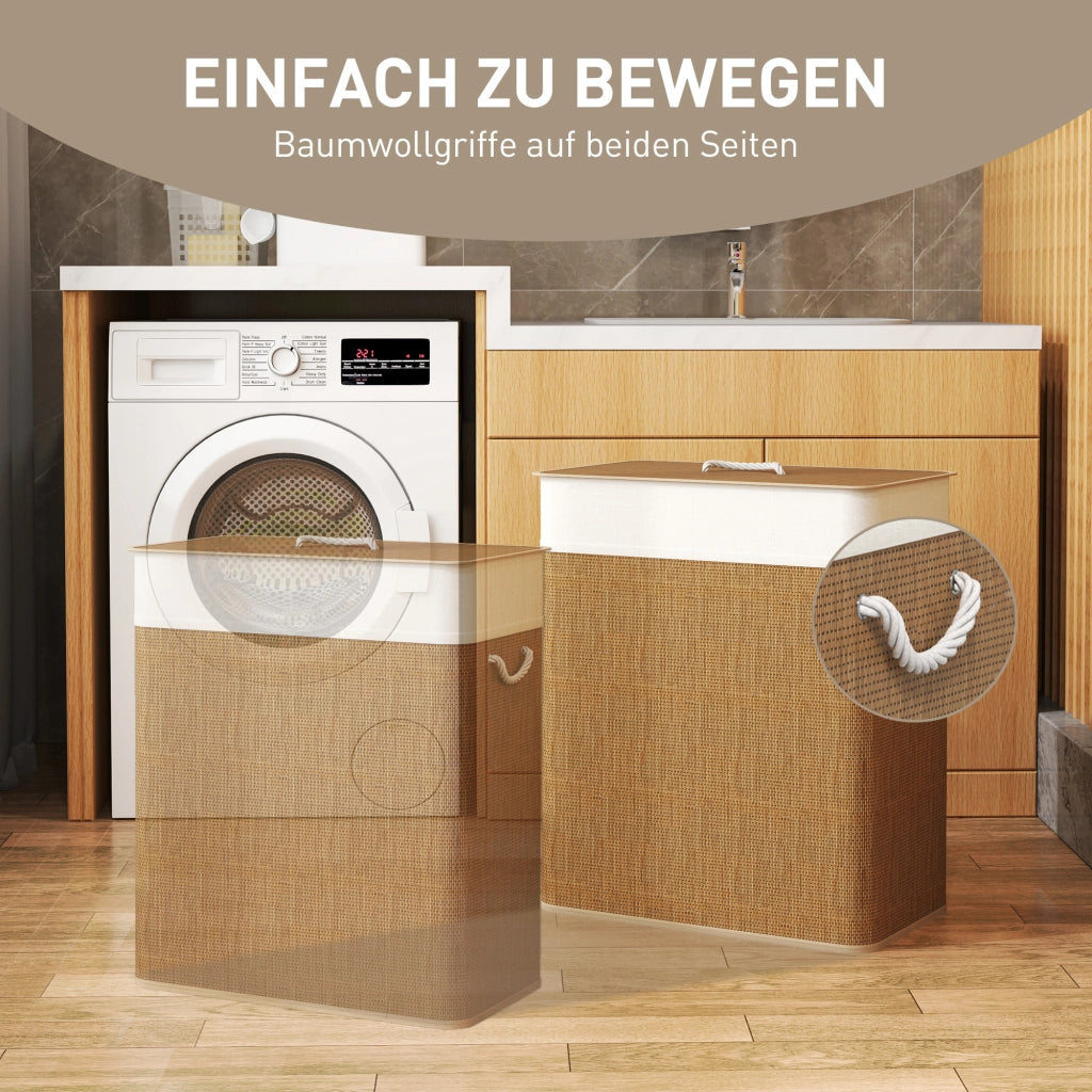 Cesto Portabiancheria in Bambu con Coperchio 100L a 2 Scomparti Sacco Rimovibile Maniglie in Corda Salvaspazio per Casa Bagno