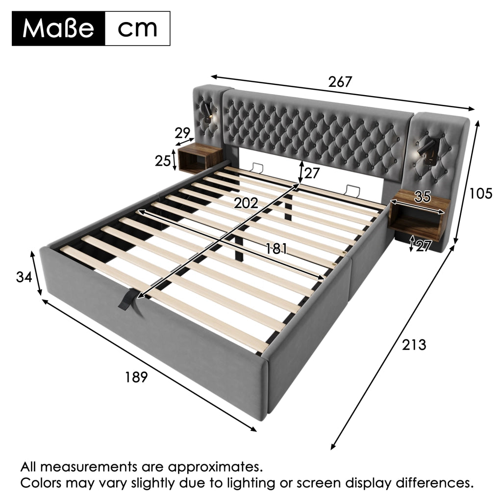 Letto matrimoniale 180 ¡Á 200 cm con contenitore idraulico in velluto grigio testiera con luci USB e Type-C