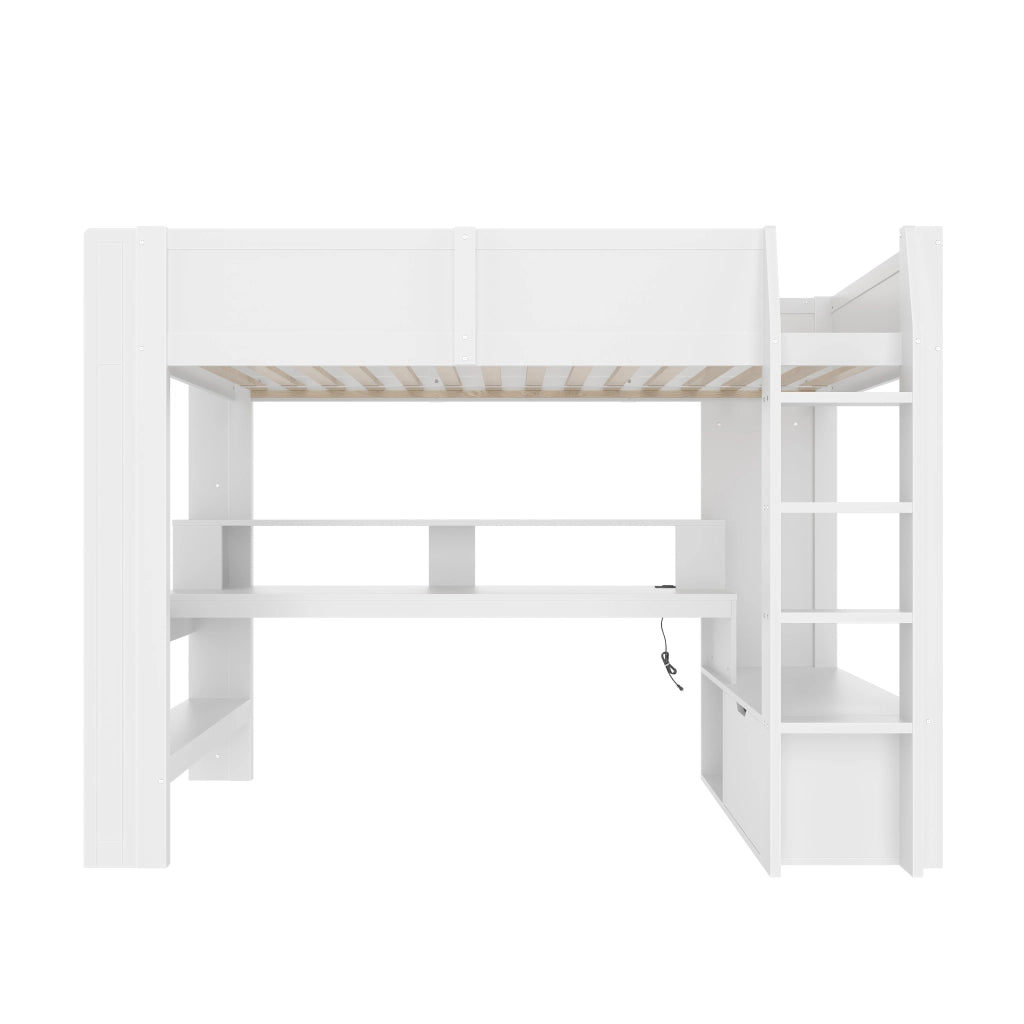 Letto a soppalco 90x200 cm con scrivania integrata; luci LED e scaffali; bianco