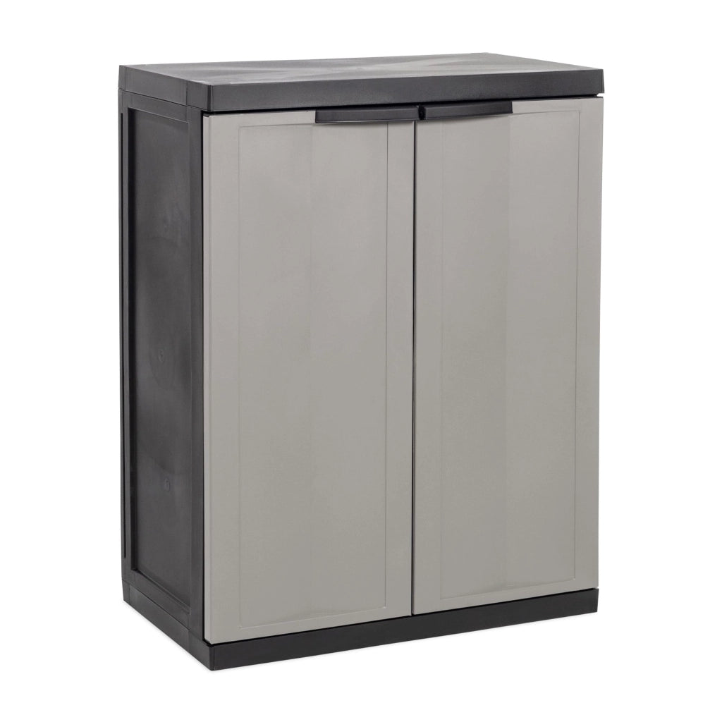 Armadio Basso 2 Ante con Ripiano Regolabile in Resina Nero e Grigio 65 x 37