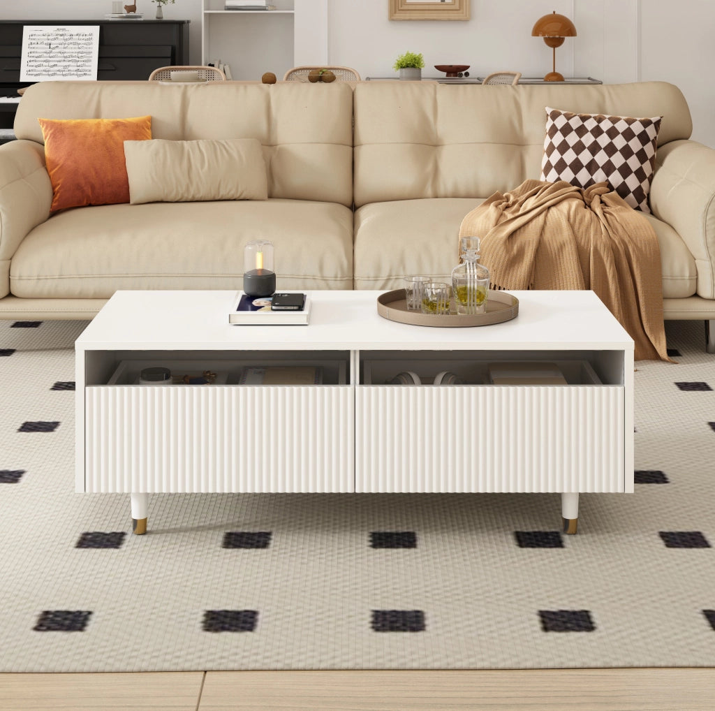 Tavolino da salotto moderno con illuminazione LED colorata, doppio cassetto e gambe in legno bianco e oro 110x50x40 cm