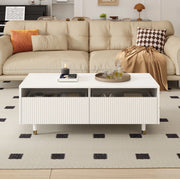 Tavolino da salotto moderno con illuminazione LED colorata, doppio cassetto e gambe in legno bianco e oro 110x50x40 cm
