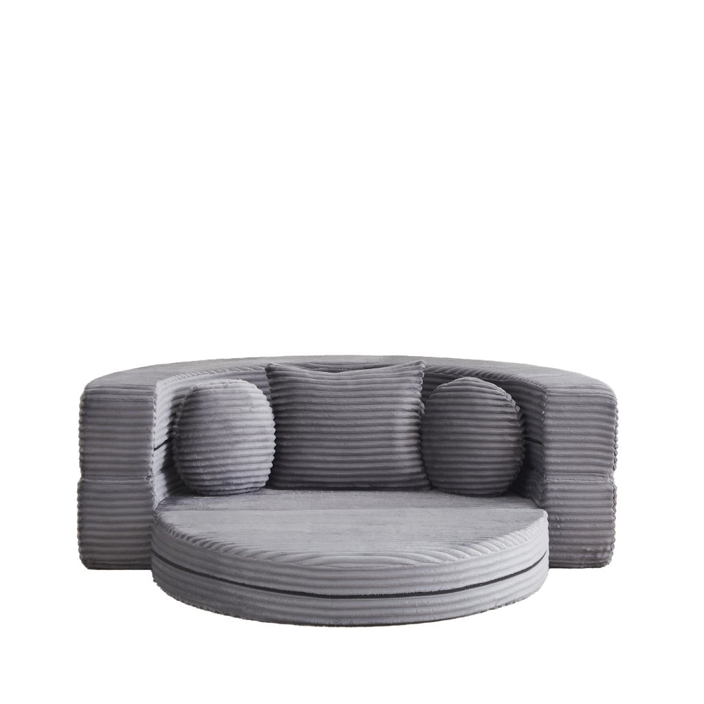 Divano letto 4-in-1 in tessuto a coste, convertibile in chaise longue rotonda, ideale per spazi compatti