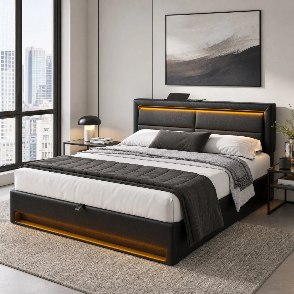 Letto imbottito 140x190 cm con USB; LED e vano contenitore; PU nero