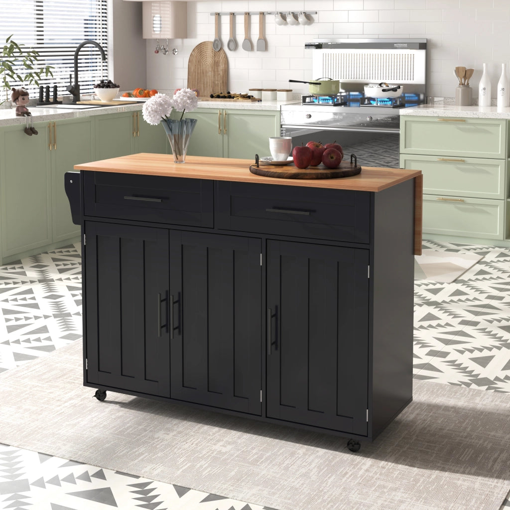 Carrello da cucina con 2 cassetti, ripiani regolabili, portasciugamani e piano pieghevole, nero, 129 × 71 × 91,5 cm