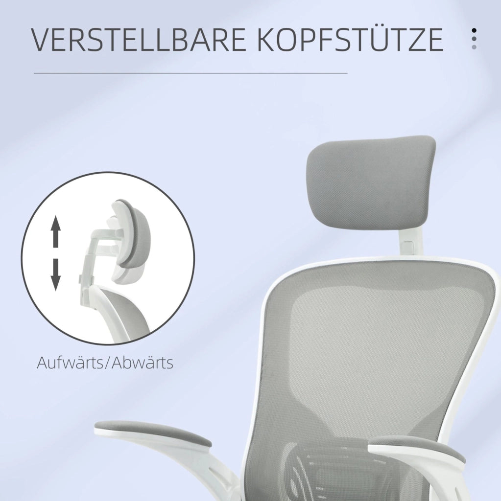 Sedia da ufficio ergonomica grigia con schienale in rete, poggiatesta regolabile e funzione dondolo, 65x64x114-122 cm