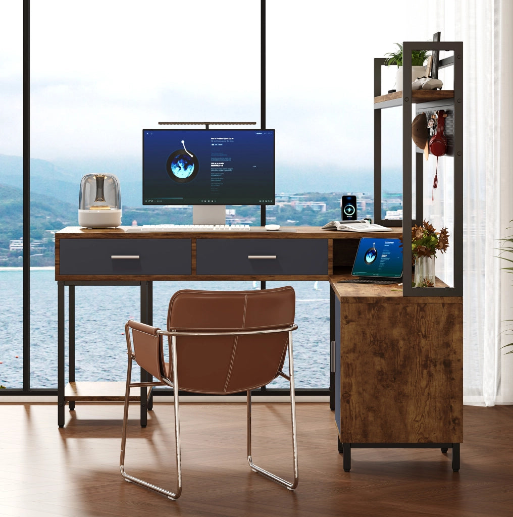 Scrivania angolare industriale 140x140x135 cm in MDF e metallo, colore nero e legno, con cassetti e anta soft-close