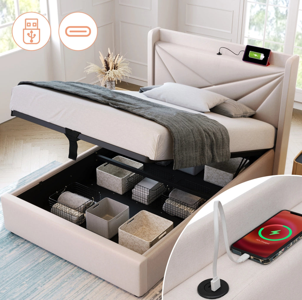 Letto singolo con contenitore 90x200 cm; testiera con USB e Type-C; beige