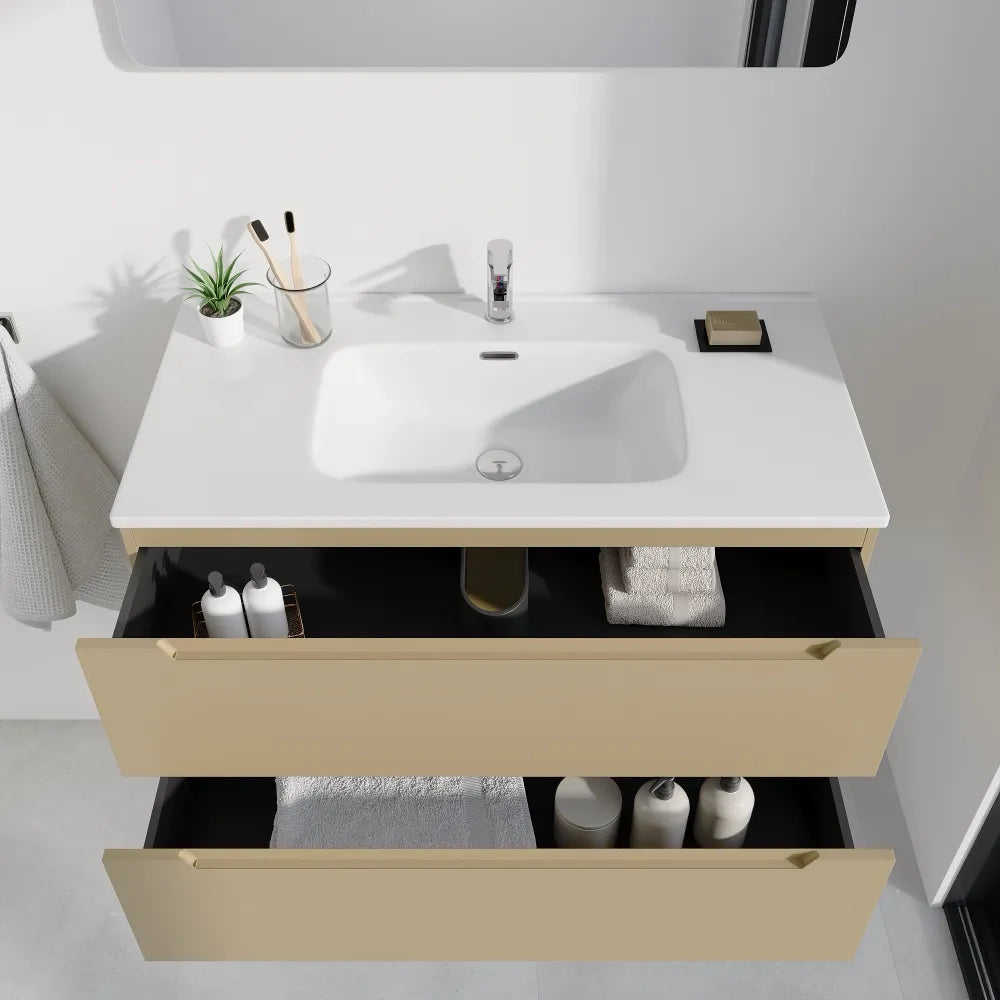 Mobile bagno sospeso 100cm sabbia opaco due cassetti soft-close con lavabo bianco lucido | Bako
