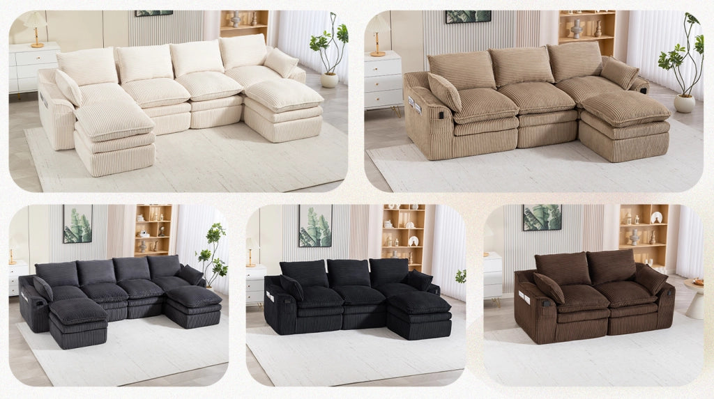 Divano modulare 4 posti in velluto a coste beige con 2 pouf, cuscini e 2 tasche laterali, imbottitura a 3 strati con molle integrate