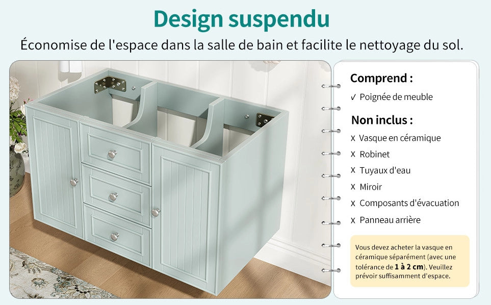 Mobile da bagno sospeso verde con 3 cassetti, 78,5x46x46,8 cm, struttura in MDF e maniglie in metallo
