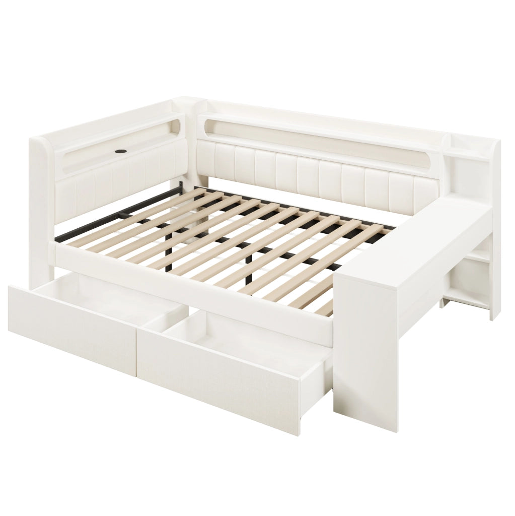 Letto divano 140x200 cm in MDF bianco con scrivania, USB e cassetti