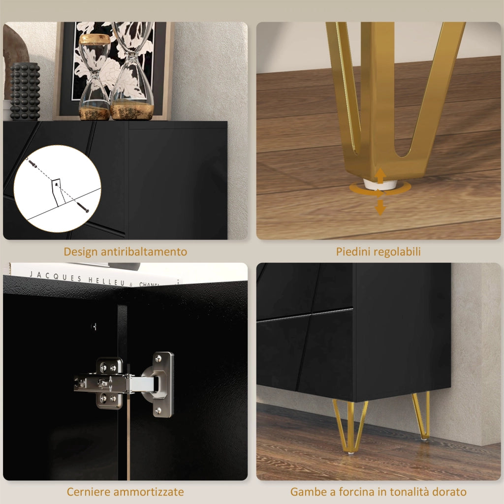 Cassettiera con 2 Ante e Ripiano Regolabile ¨C zephmum ¨C Nero e Oro 120x40x75