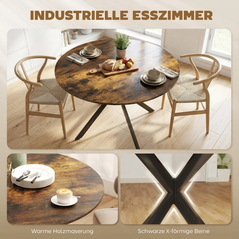 Tavolo da pranzo rotondo per 4 persone con gambe in acciaio a X e piano in legno marrone rustico diametro 120 cm