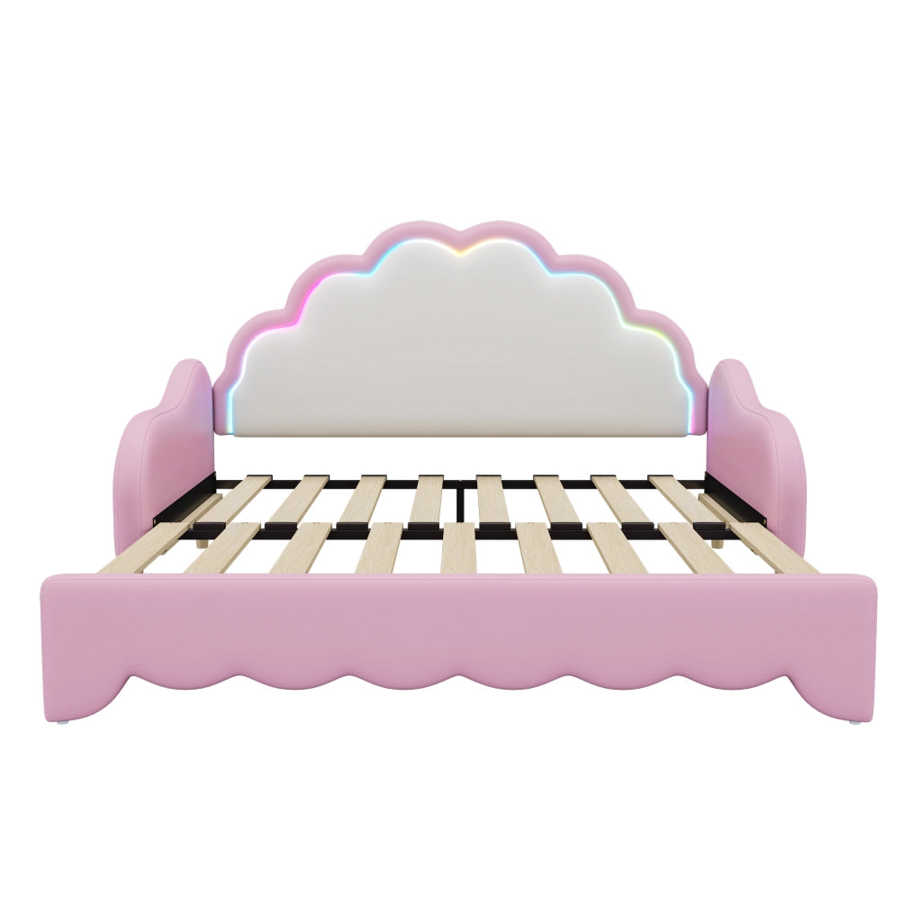 Letto matrimoniale 140×198 cm trasformabile in divano con LED regolabile; senza materasso; PU e MDF; rosa