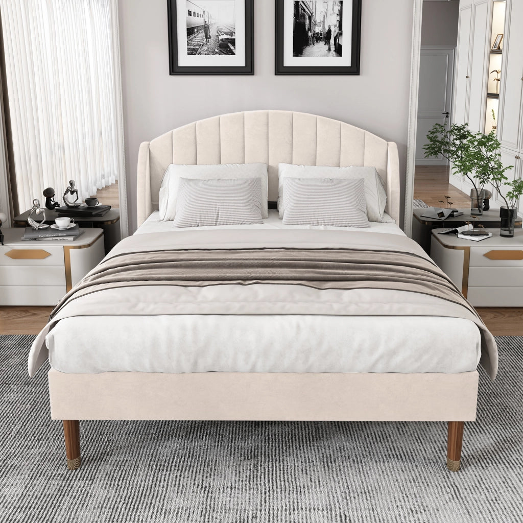 Letto matrimoniale 140 × 190 cm 2 posti con testiera imbottita e struttura stabile, senza materasso, in velluto beige