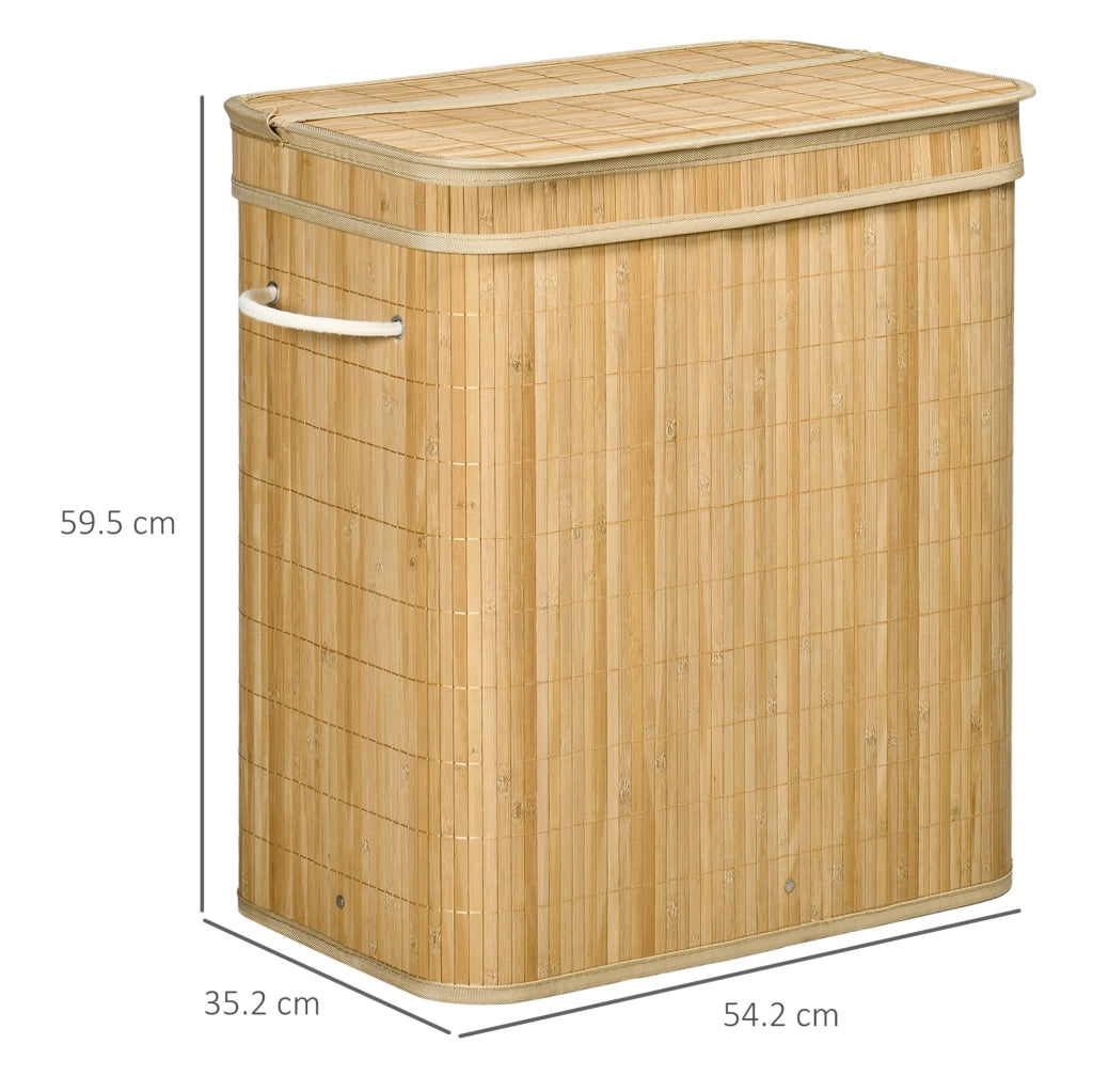 Cesto porta biancheria in bambù con coperchio, 90 litri, 2 scomparti e sacco interno rimovibile - 54,2 x 35,2 x 59,5 cm