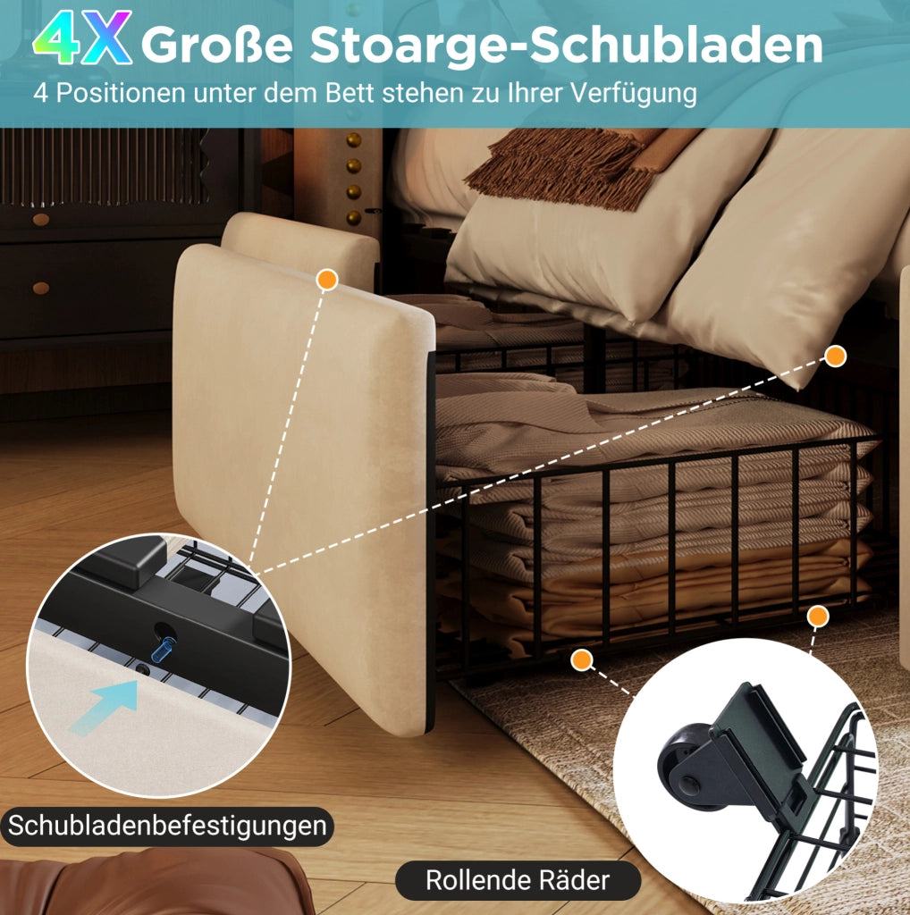 Letto imbottito beige 140 x 200 cm con LED, USB e 4 cassetti