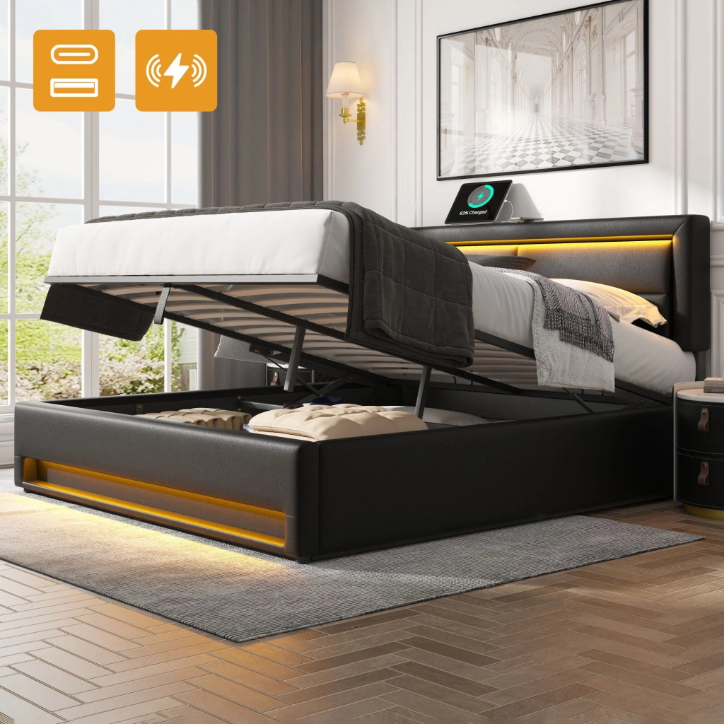 Letto contenitore 140x190 cm in similpelle nera con LED e ricarica USB e wireless