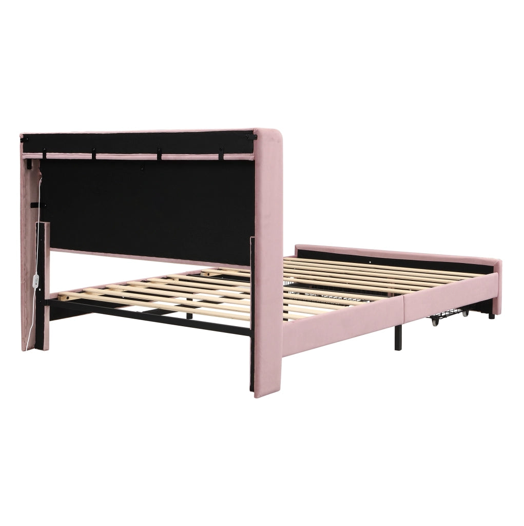 Letto imbottito per bambini 140x200 cm rosa con 2 cassetti, testata ondulata e illuminazione LED controllata via app