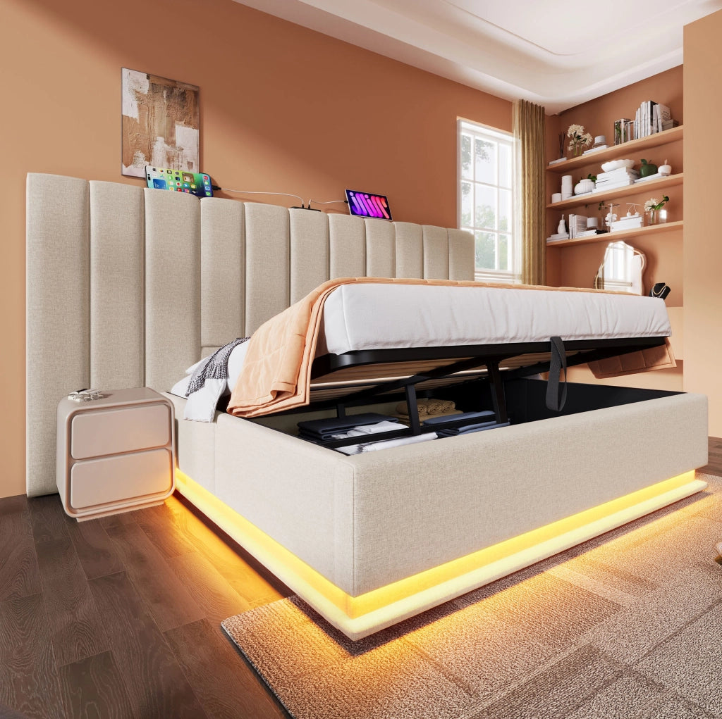 Letto contenitore 160x200 cm in lino beige, LED e USB-C, senza materasso/comodino