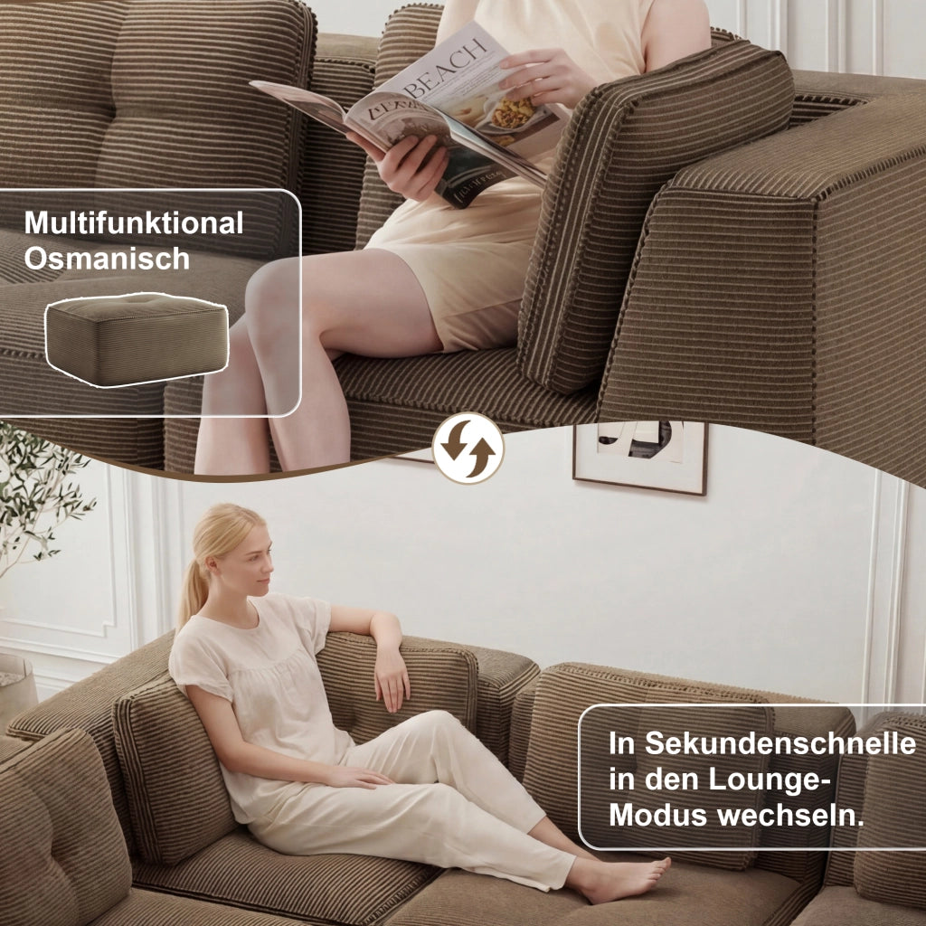 Divano angolare modulare senza struttura con seduta profonda e braccioli larghi in corduroy marrone per soggiorno e camera da letto