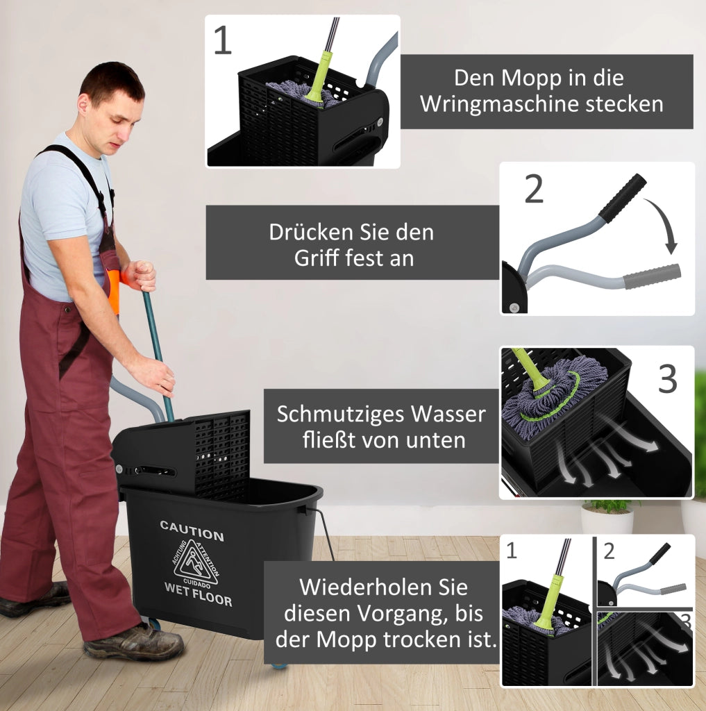 Secchio lavapavimenti nero 20 L con strizzatore e ruote