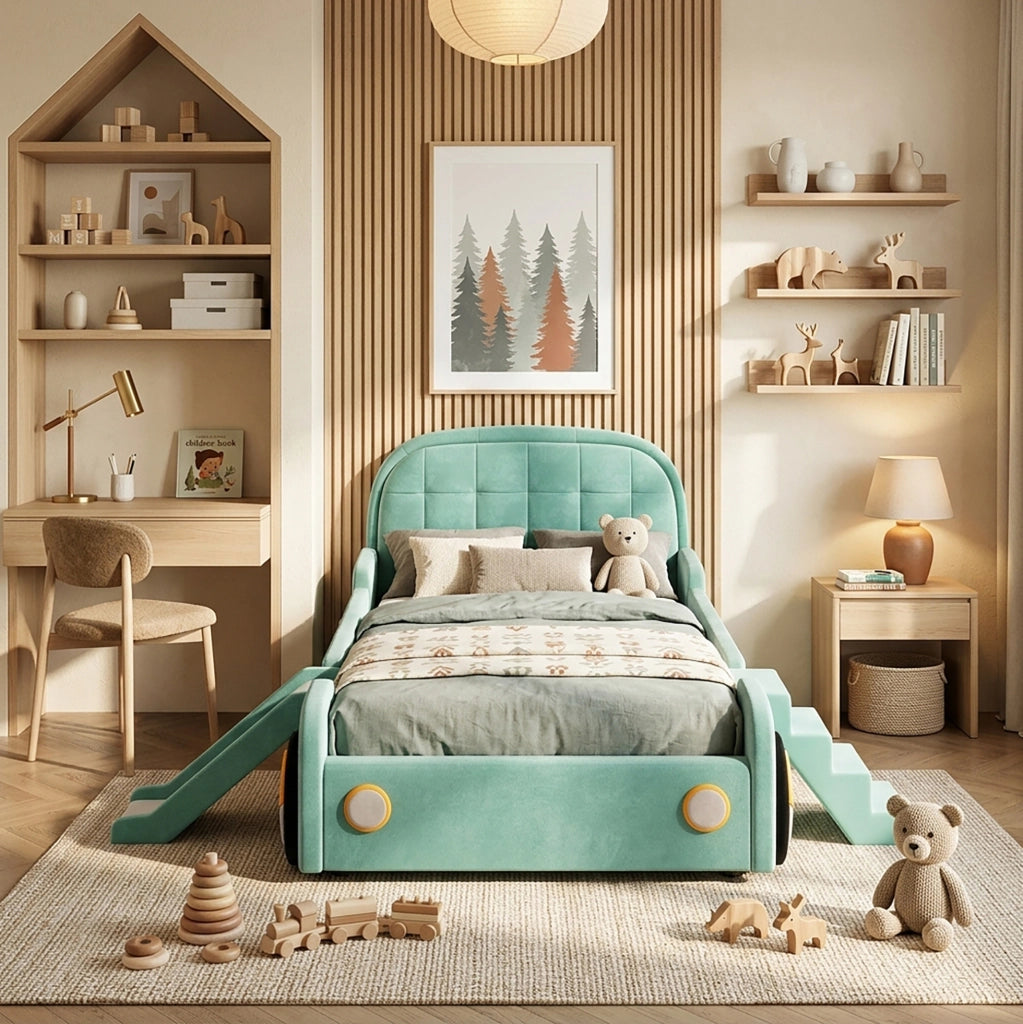 Letto per bambini a forma di auto con scivolo e scala 90x200 cm in velluto blu-verde