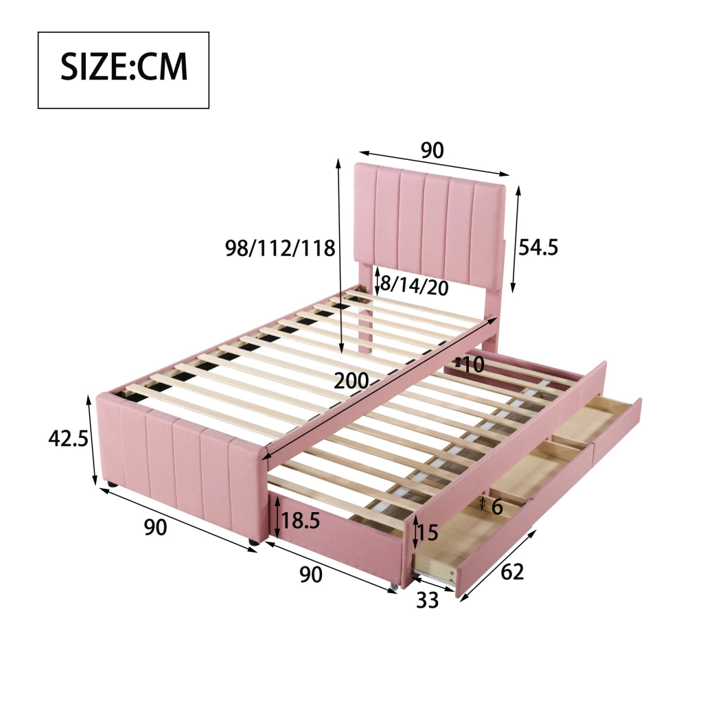 Letto con letto estraibile 90 × 200 cm con letto supplementare 90 × 190 cm e 3 cassetti rivestito in lino rosa