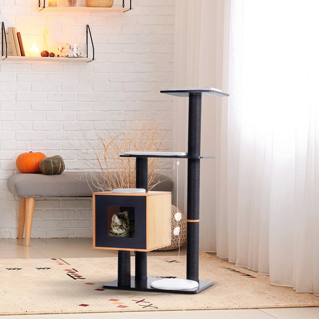 Albero tiragraffi per gatti centro attività in MDF e sisal con cuccia e piattaforme design moderno 71,5x49,5x120 cm nero e faggio