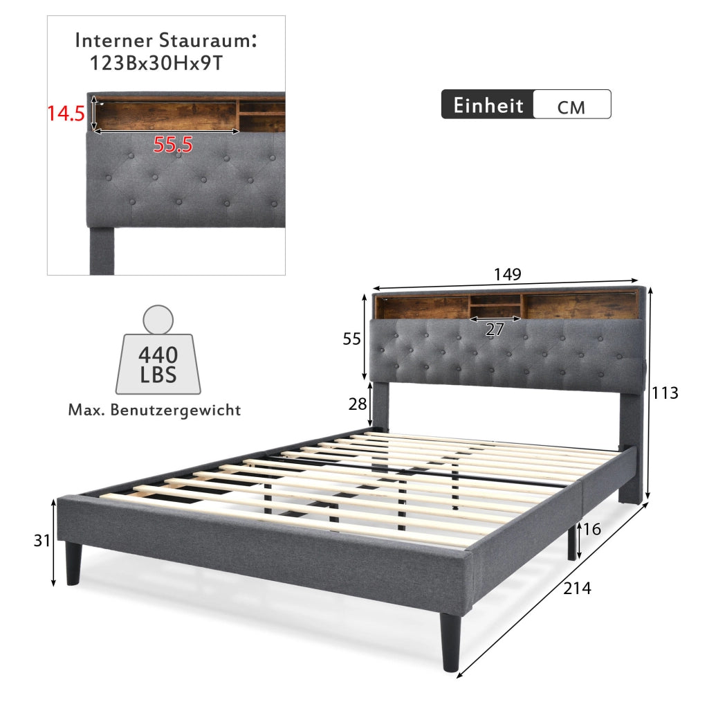 Letto imbottito grigio 140 x 200 cm con testiera contenitore e LED