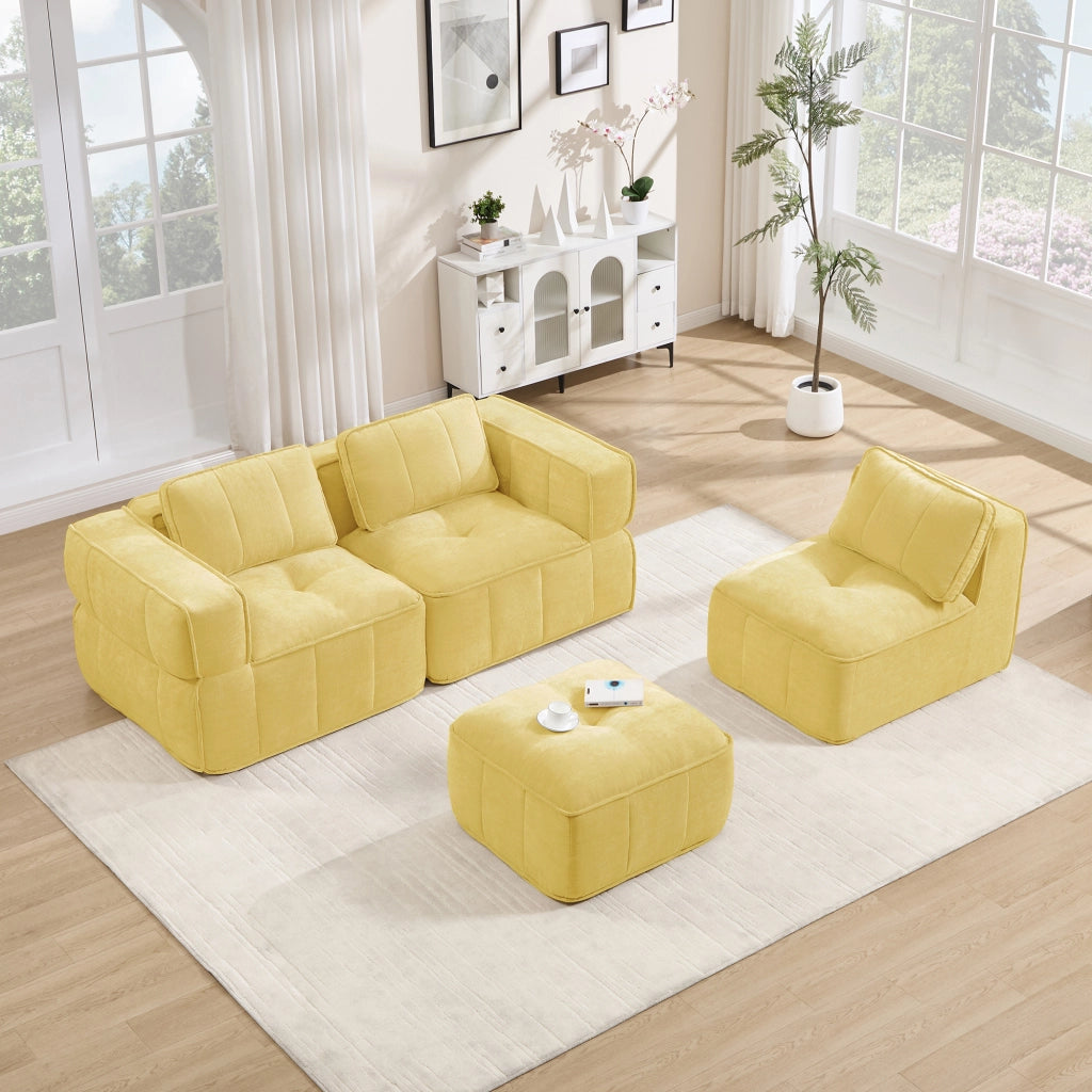 Divano angolare modulare a 3 posti con pouf in poliestere giallo con seduta profonda e base antiscivolo