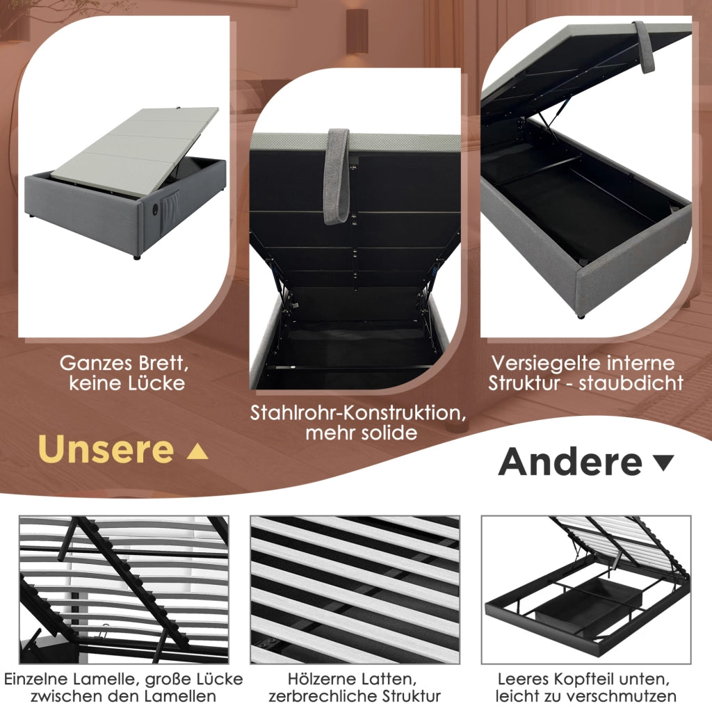 Letto contenitore 90 x 200 cm grigio con USB e Type-C
