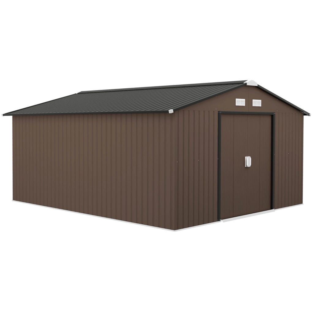 Capanno da Giardino 12,4 m² con Tetto a Padiglione e Porte Scorrevoli, Struttura in Acciaio Zincato, Dimensioni 340x386x200 cm, Marrone