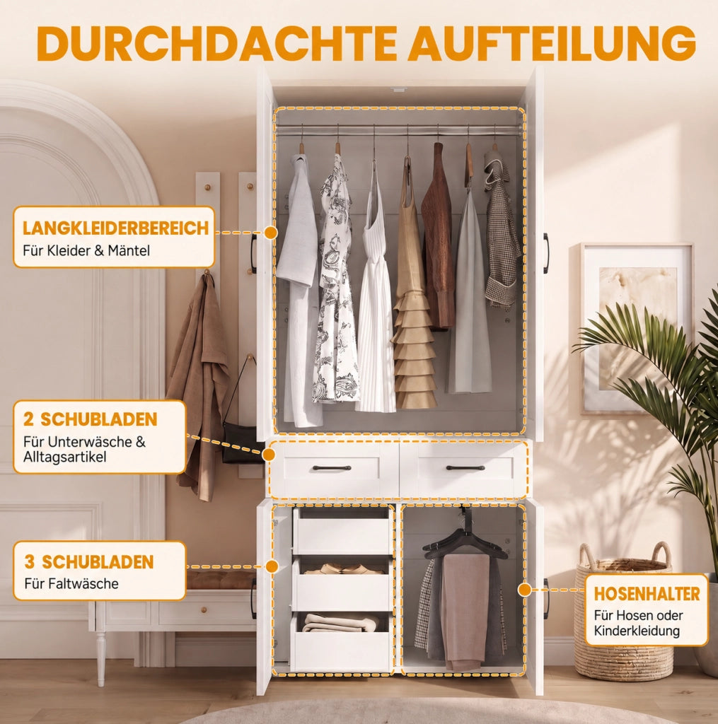 Armadio guardaroba 4 ante con 5 cassetti e 2 appendiabiti; 90x50x200 cm; MDF bianco