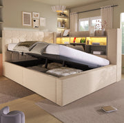 Letto Polsterato 140x200 cm con Illuminazione LED, Contenitore Idraulico e Testiera a L Montabile a Destra o Sinistra, Tessuto in Lino Beige (Senza Materasso)