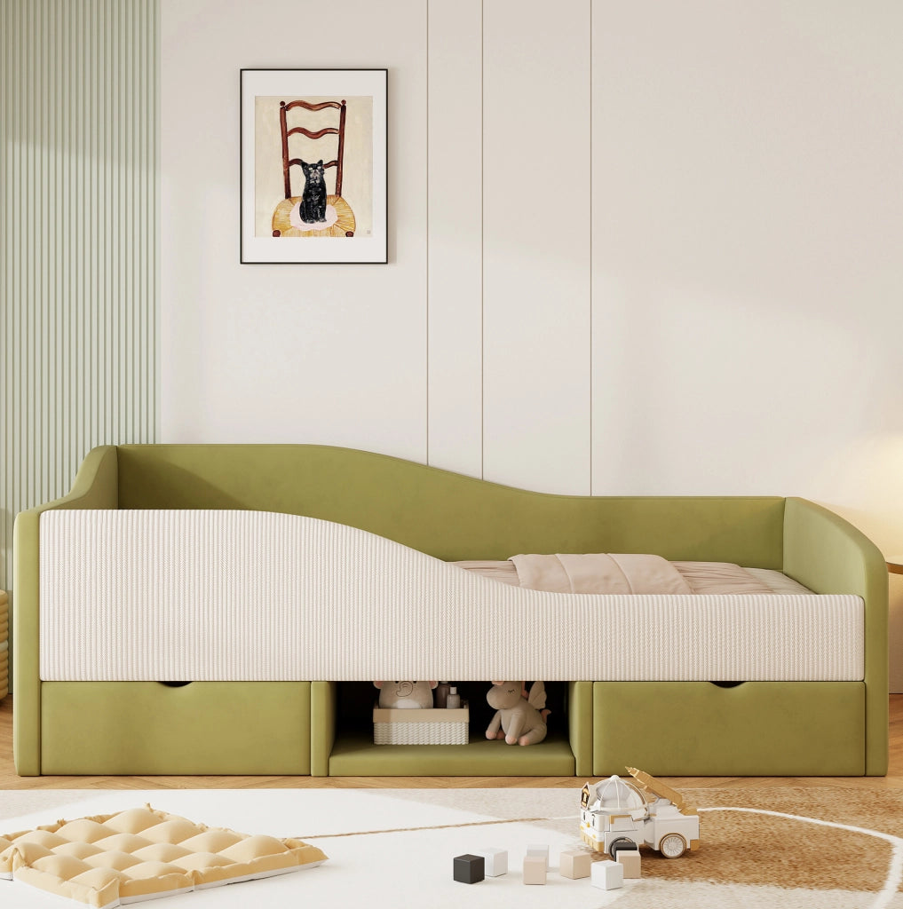 Letto imbottito 90x190 cm con 2 cassetti e sponde in velluto verde e avorio