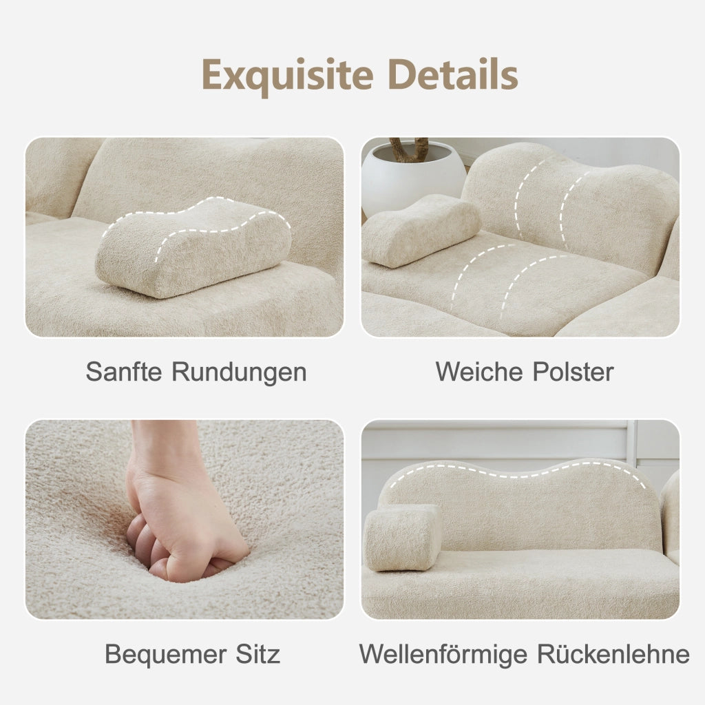 Divano modulare 2 posti con 2 pouf, configurazione flessibile e braccioli mobili in velluto beige